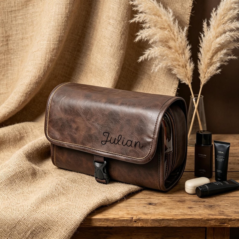 May include: A dark brown faux leather toiletry bag with a textured finish and a black plastic buckle closure. The front flap features the name Julian in black cursive script. The bag has a structured rectangular shape with rounded edges.