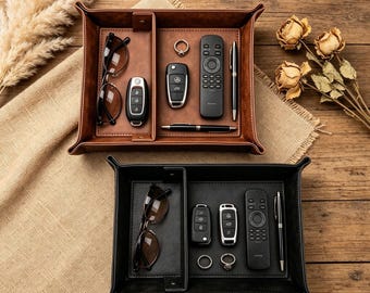 Vintage Leather Valet Tray for Men, Divided Desktop Tray, Entryway Nightstand Organizer, Watch Sunglasses Storage, Groomsmen Birthday Gift