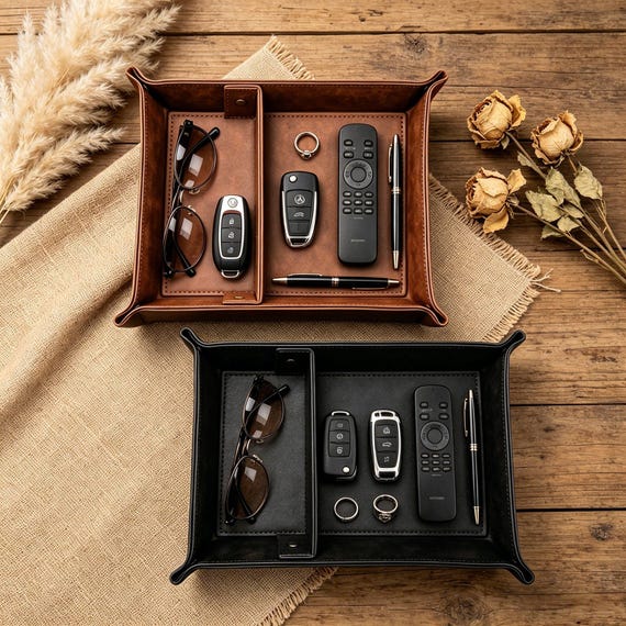 Vintage Leather Valet Tray for Men, Divided Desktop Tray, Entryway Nightstand Organizer, Watch Sunglasses Storage, Groomsmen Birthday Gift