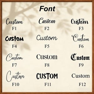 May include: A font selection chart featuring the word Custom displayed in twelve distinct black typographic styles, labeled F1 through F12. Each entry showcases a unique typeface, ranging from elegant cursive scripts to bold, blocky lettering.
