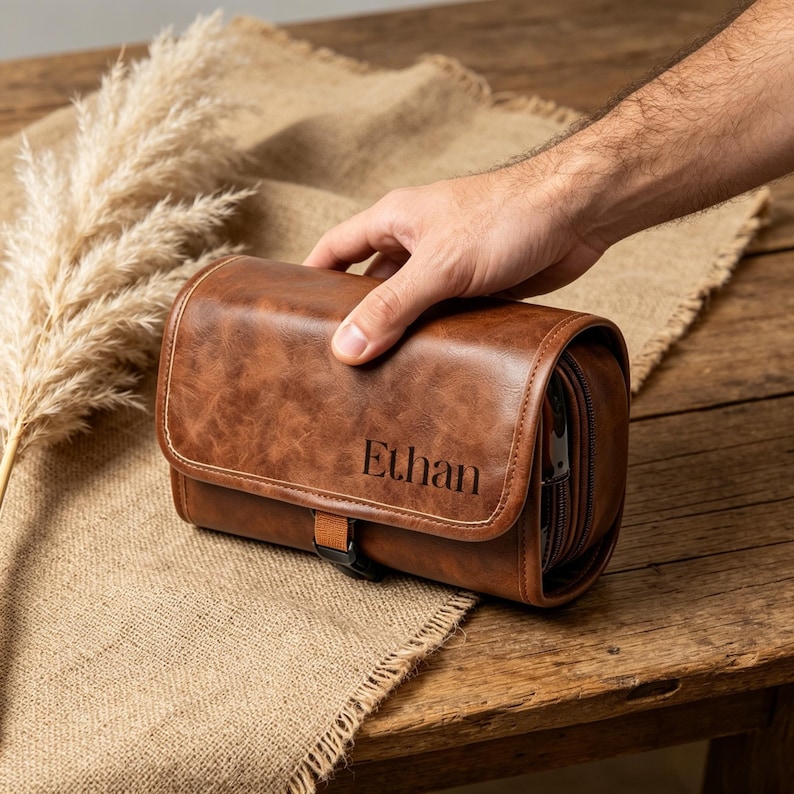 May include: A brown leather toiletry bag with a smooth, textured finish and a flap closure. The name Ethan is embossed in black lettering on the front flap. The bag features a small brown strap with a black buckle detail on the lower front section.