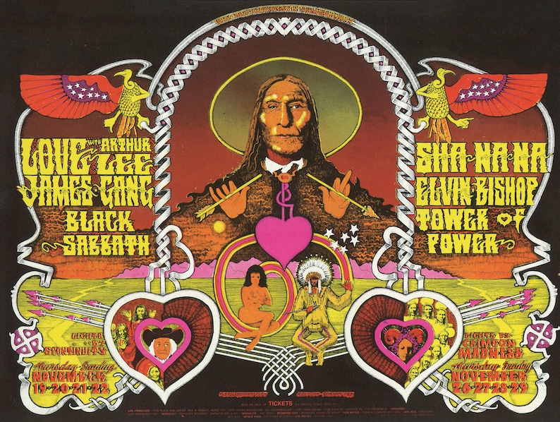K&ouml;nnte beinhalten: Ein Vintage-Konzertplakat mit psychedelischem Design. Das Plakat zeigt die Namen von Musikgruppen wie Love, Black Sabbath und Sha Na Na. Das Kunstwerk umfasst eine zentrale Figur, Herzen und stilisierte Adler in Orange-, Rot- und Gelbt&ouml;nen.