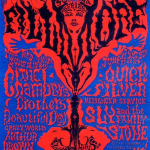 May include: A vintage concert poster in red and black on a blue background. The poster features stylized figures and text, including the names of musical acts like The Chambers Brothers and Sly and the Family Stone. The text includes the phrase "Bill Graham Presents in San Francisco."