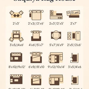 May include: A rug size guide from Saquiya Rug House. The guide shows various rug sizes and room layouts, including living room, bedroom, dining room, and hallway. Sizes are given in feet, such as 2'x3', 4'x6', and 9'x12'.