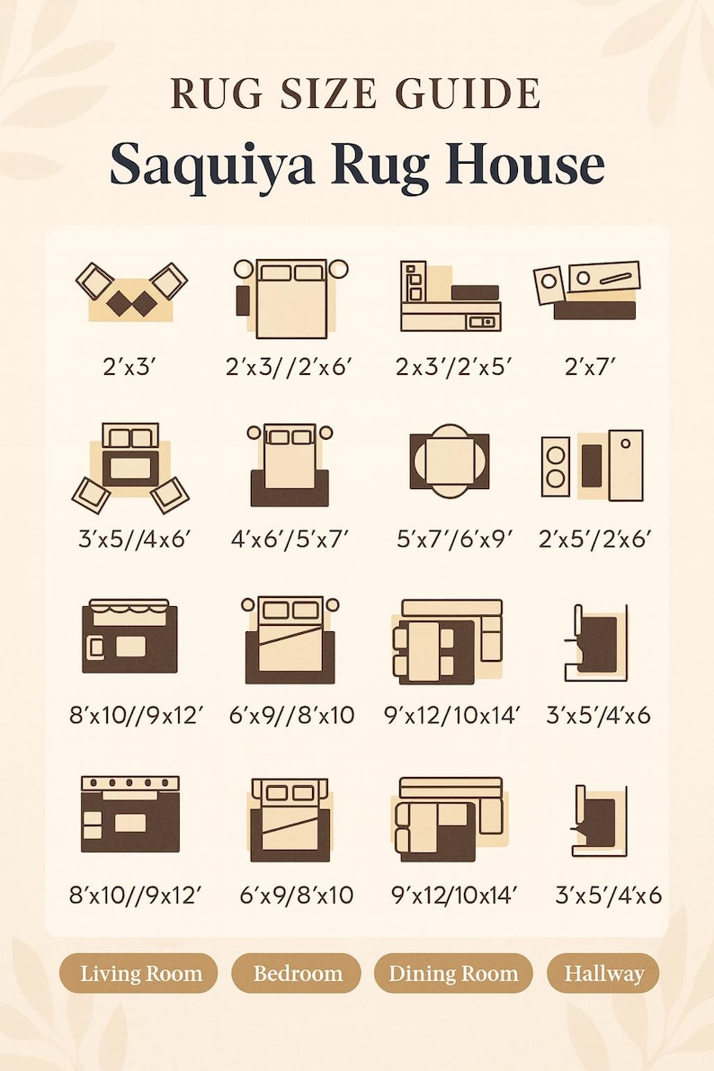 May include: A rug size guide from Saquiya Rug House. The guide shows various rug sizes and room layouts, including living room, bedroom, dining room, and hallway. Sizes are given in feet, such as 2'x3', 4'x6', and 9'x12'.