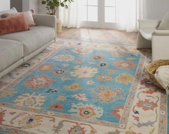 Hand-knotted Oushak Wool Rug: 6x9 Turkish Vintage-inspired Blue