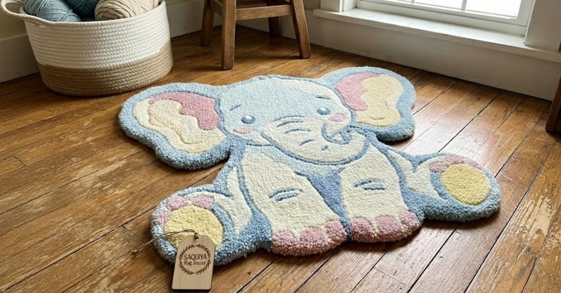 May include: A light blue, white, pink, and yellow elephant-shaped rug. The rug has a tufted design with a smiling face and large ears. The rug is on a hardwood floor. A tag is attached to the rug.