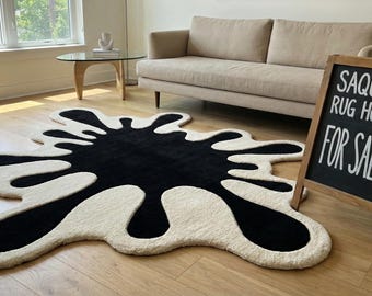 Hand Tufted Wool Rug | Abstract Black & Ivory Statement Carpet