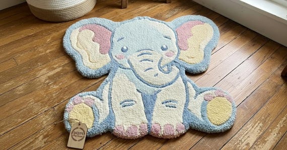 Hand Tufted Wool Elephant Rug | Pastel Nursery Decor