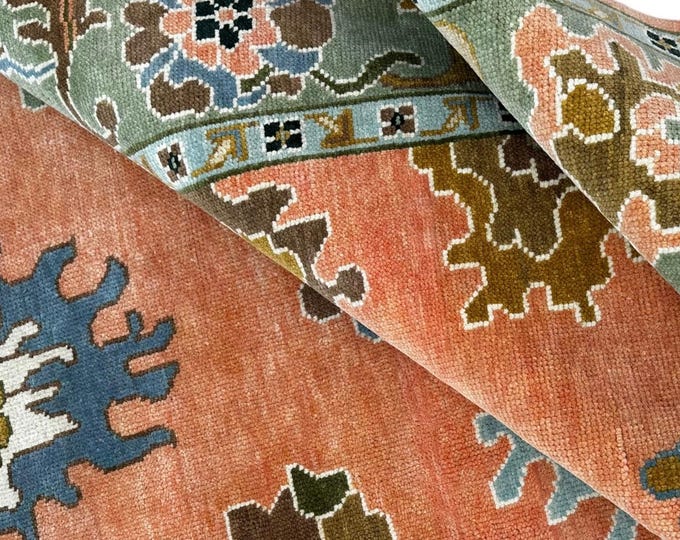 Featured listing image: Handmade Oushak Wool Rug: Terracotta & Sage Green - Turkish Vintage Style