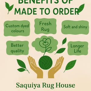 May include: An illustrated graphic promoting the benefits of made-to-order rugs. The image features text in green on a light background, including "Custom dyed colours", "Fresh Rug", and "Soft and shiny". The text "Saquiya Rug House" is at the bottom.