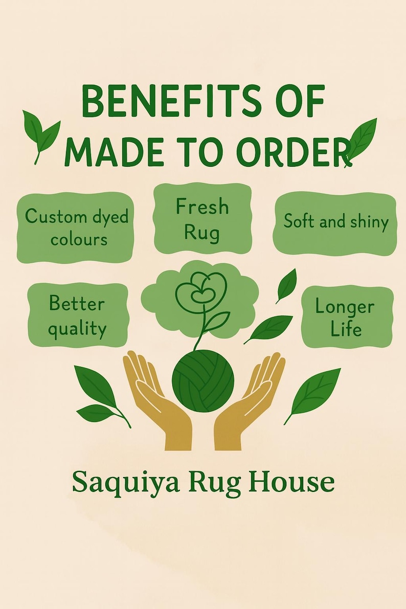 May include: An illustrated graphic promoting the benefits of made-to-order rugs. The image features text in green on a light background, including "Custom dyed colours", "Fresh Rug", and "Soft and shiny". The text "Saquiya Rug House" is at the bottom.