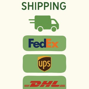 May include: An image with the words "WORLDWIDE SHIPPING" in green text. Below is a green truck icon, followed by green rectangles with the logos of FedEx, UPS, and DHL. The logos are in their respective colors.