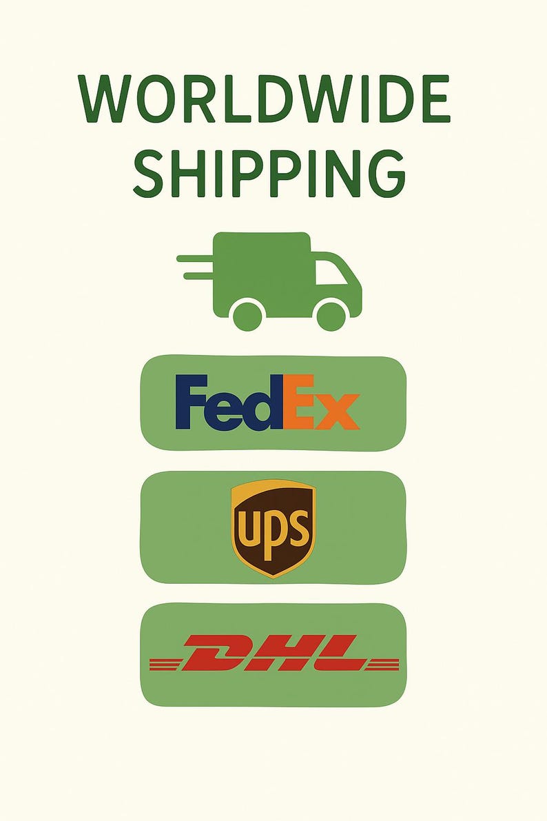 May include: An image with the words "WORLDWIDE SHIPPING" in green text. Below is a green truck icon, followed by green rectangles with the logos of FedEx, UPS, and DHL. The logos are in their respective colors.