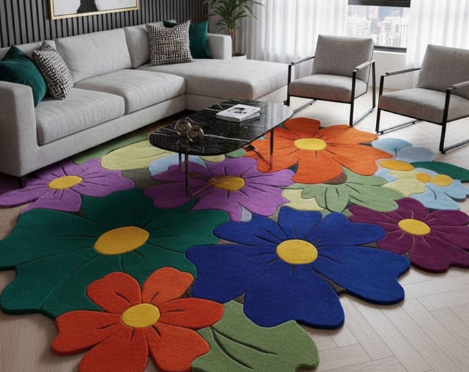 Featured listing image: 9x12 Hand-Tufted Wool Flower Rug | Irregular Boho Art Carpet
