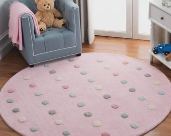 Hand Tufted Wool Rug, Pink Polka Dot, High Low Pile Nursery Rug