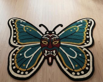 Hand-Tufted Wool Butterfly Rug, Sculpted Boho Art Rug