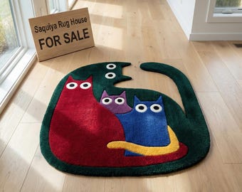Hand Tufted Cat Family Wool Rug | Playful Statement Area Rug | Colorful Handmade Art Carpet