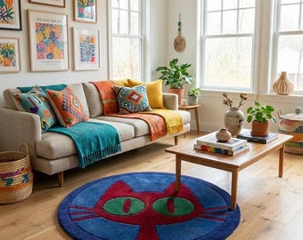 Hand Tufted Cat Face Wool Rug | Round Statement Area Rug | Colorful Artistic Handmade Carpet