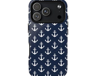 Stevig magnetisch hoesje met marineblauwe ankerprint | Nautisch telefoonhoesje