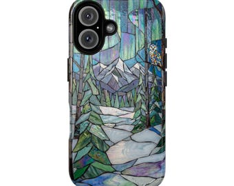 Stevige magnetische hoes met glas-in-lood berglandschap | Aurora Forest telefoonhoesje