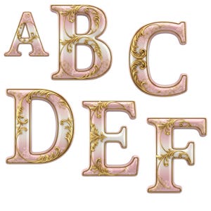 Könnte beinhalten: Dekorative Buchstaben A, B, C, D, E und F. Jeder Buchstabe hat ein rosa-weißes Design mit goldenen Filigranakzenten und einem goldenen Rand. Die Buchstaben sind vor weißem Hintergrund isoliert.