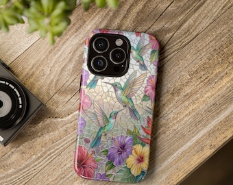 Telefoonhoesje met kolibrie-mozaïek en bloemen, tropische bloemenprint, stevige hoes met schokbestendig dubbellaags ontwerp, glanzende of matte afwerking.