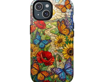 Magnetische, stevige telefoonhoes met vlinders in gebrandschilderd glas, met een zonnebloem- en klaproosmotief