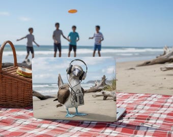 Zeevogel met koptelefoon en cassettespeler MacBook-hoes Laptophoes blauwvoetgent