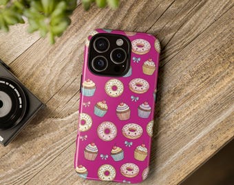 Roze donut- en cupcakehoesje, schokabsorberend beschermhoesje, zacht pastelkleurig voedselontwerp