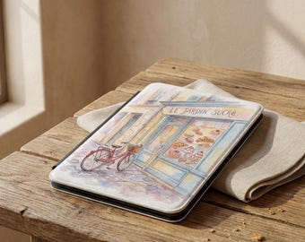 Illustratie van een fiets in Parijse patisserie voor Kindle, aquarel Franse bakkerij, e-readerhoes, vintage