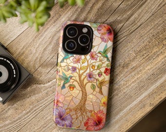 Telefoonhoesje met glas-in-loodboom | iPhone-hoesje met bloemen en kolibrie