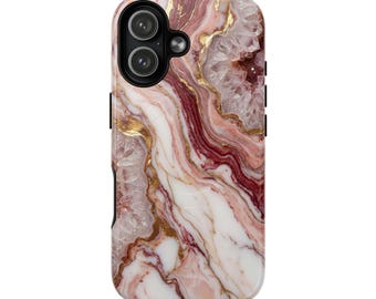 Stevig magnetisch telefoonhoesje in roségoud met marmerlook en harswerveling.