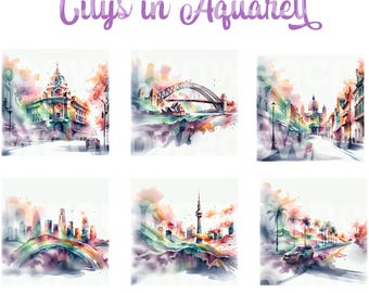 Watercolor City Clipart Bundle – Paris, London, New York, Tokyo – Colorful Travel Art, Skyline Illustration, Digital Download