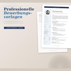 May include: A stack of white resume templates with a blue header. The text on the top left reads "Professionelle Bewerbungs-vorlagen" and "SOFORT-DOWNLOAD DEUTSCH". A headshot of a man is visible on one of the resumes.