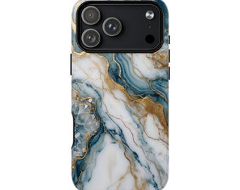 Stevige magnetische telefoonhoes in blauwgoud met marmerlook.