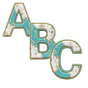 Könnte beinhalten: Dekorative Buchstaben, die "ABC" buchstabieren. Jeder Buchstabe ist eine Kombination aus Türkis und Weiß mit einem goldenen Blumenmuster. Die Buchstaben haben einen goldenen Rand und sind vor einem weißen Hintergrund platziert.