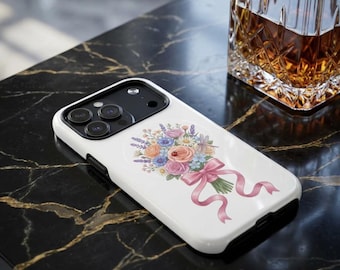 Stevig magnetisch telefoonhoesje met pastelkleurig bloemenboeket, ideaal als bruidscadeau.