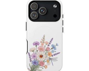 Telefoonhoesje met magneet en bloemenprint in de stijl van een wildbloemenboeket, stevig en stootbestendig, met botanische details.