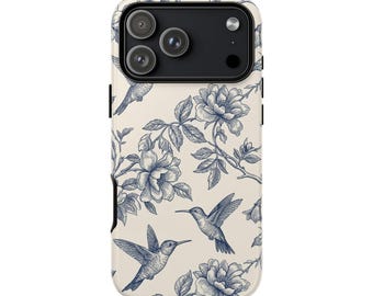 Vintage blauwe telefoonhoes met kolibrie en bloemenprint, stevige hoesjes