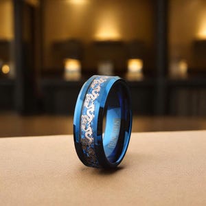 Blue Tungsten Carbide Silver Chinese Dragon Blue Carbon Fiber Wedding Band Ring