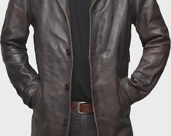 Handmade Men’s Lambskin Leather Blazer Car Coat – Distressed Brown, Mid-Length Jacket, Custom Size