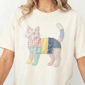 Cat Faux Patchwork T-Shirt, Cute Animal Tee, Unique Quilted Kitten Apparel, Gift for Cat Lover, Colorful Feline Top, Quirky Design Shirt