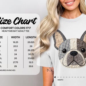 Size chart for Comfort Colors 1717 heavyweight adult tee, showing measurements in inches.