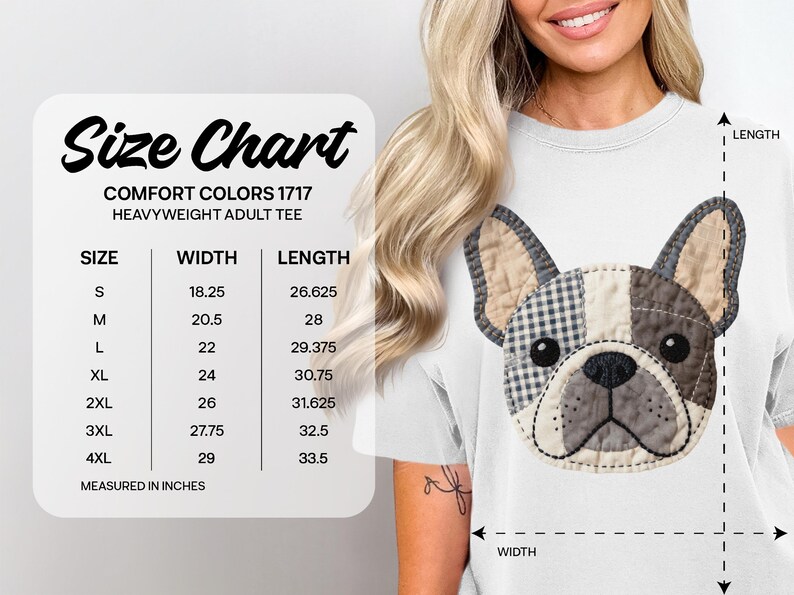 Size chart for Comfort Colors 1717 heavyweight adult tee, showing measurements in inches.