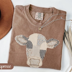 Cute Cow Patchwork Shirt, Farm Animal Tee for Women, Country Style Graphic Top, Vintage Animal Lover Gift, Casual Outfit Inspiration