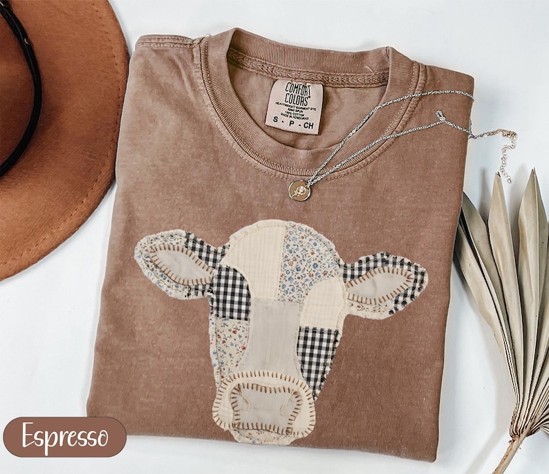 Cute Cow Patchwork Shirt, Farm Animal Tee for Women, Country Style Graphic Top, Vintage Animal Lover Gift, Casual Outfit Inspiration