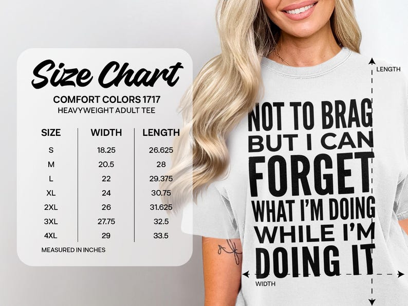 Size chart for a heavyweight adult tee, with dimensions in inches.