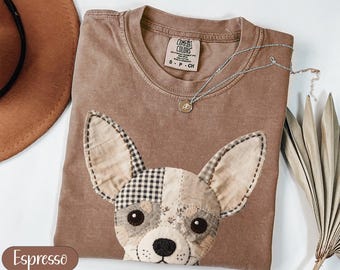 Faux Patchwork Chihuahua T-Shirt, Quilted Dog Head Tee, Gingham Floral Patchwork Puppy Shirt, Rustic Cottagecore Dog Lover Gift