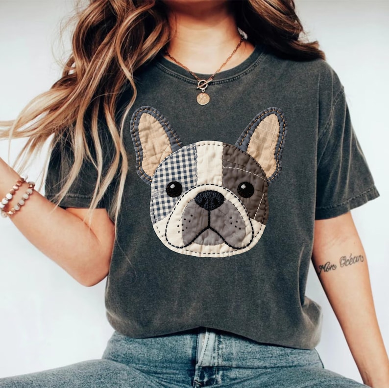 French bulldog graphic t-shirt with patched fabric details.